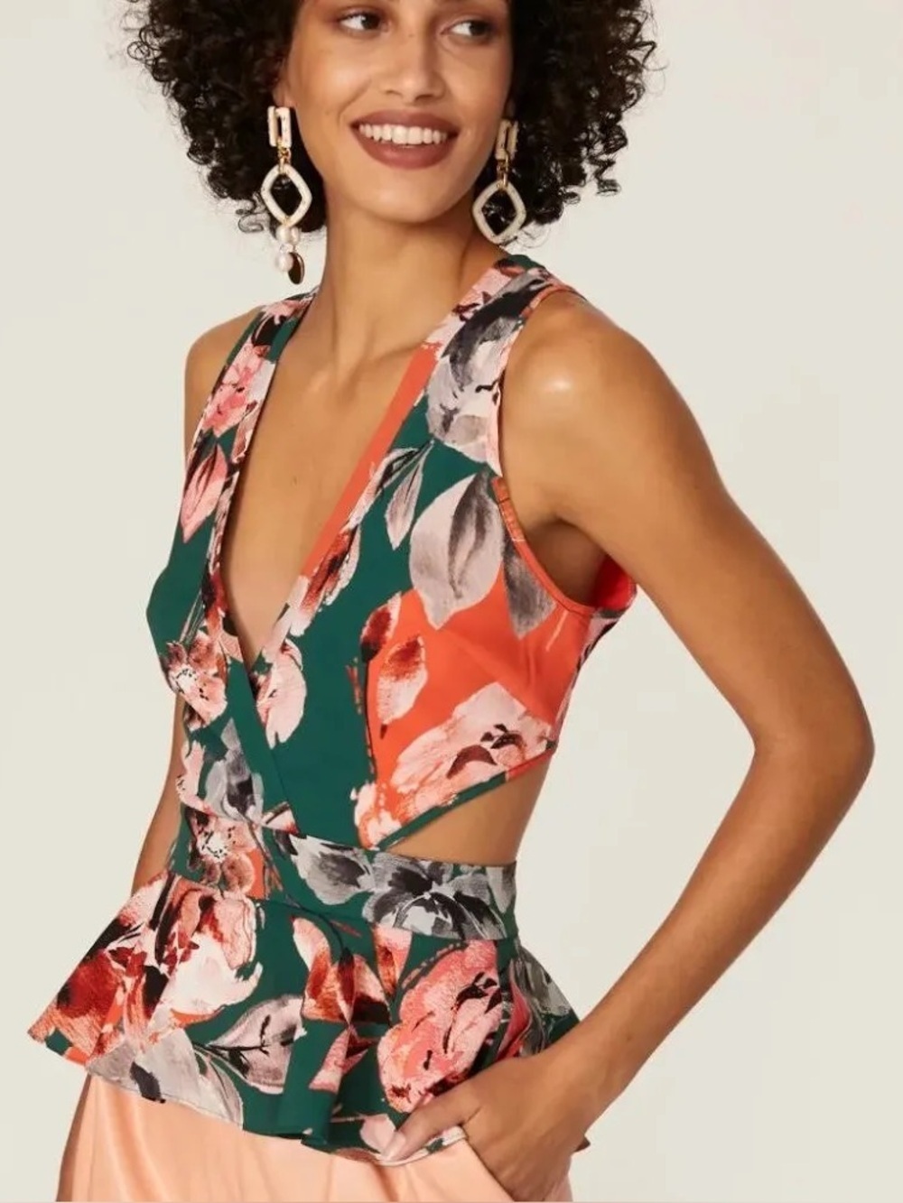 MARISSA WEBB CUT OUT V NECK FLORAL PEPLUM TOP